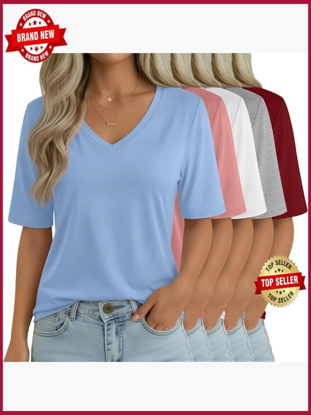 5-Pack V-Neck Half Sleeve T-Shirts Relaxed Fit Casual Tees